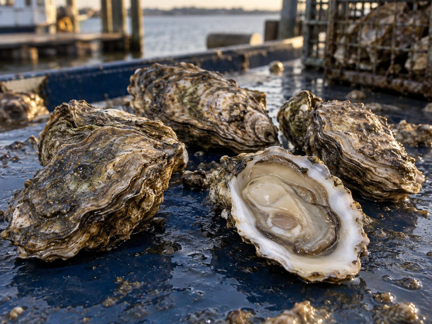 Eastern oysters, Crassostrea virginica, on a Chesapeake working-waterfront sorting table