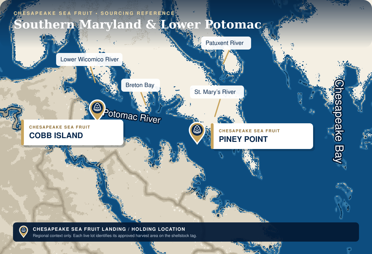 Regional map of Southern Maryland showing the Potomac River, Chesapeake Bay, nearby waterways, and Chesapeake Sea Fruit locations at Cobb Island and Piney Point