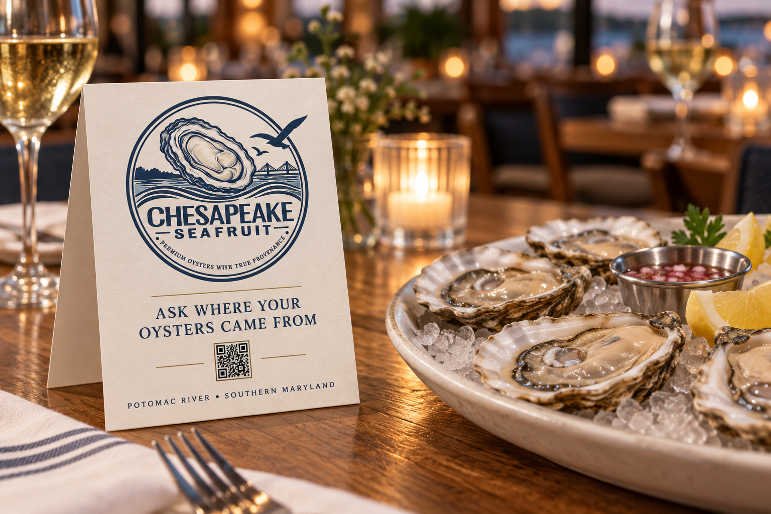 Chesapeake Sea Fruit provenance table tent beside Eastern oysters in a restaurant